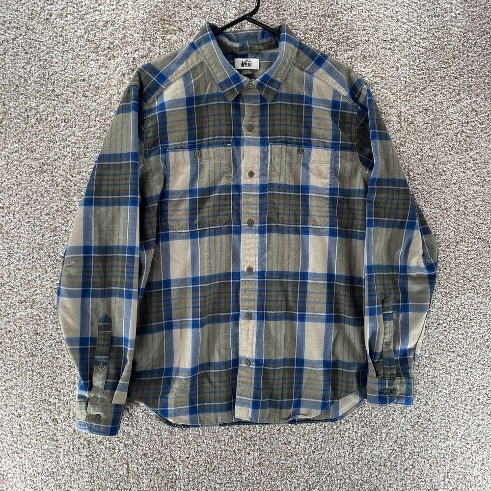 REI Co-Op Shirt Adult Large Blue Grey Plaid Outdoors Hiking‎ Wool Button Up Logo